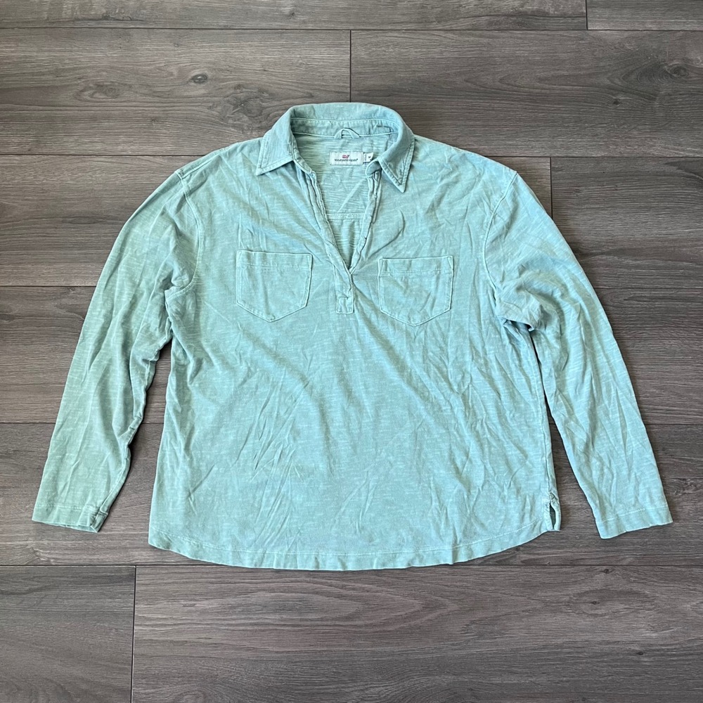 Vineyard Vines Women Mint Green Slub Knit Long Sleeve Pullover V-Neck Top Medium